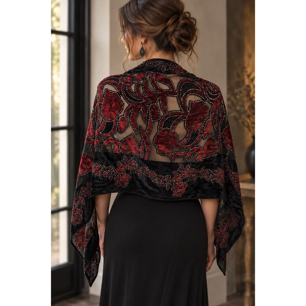 Vintage Burnout Velvet Black Red Floral Scarf Fringe Wrap Shawl Whimsygoth Boho